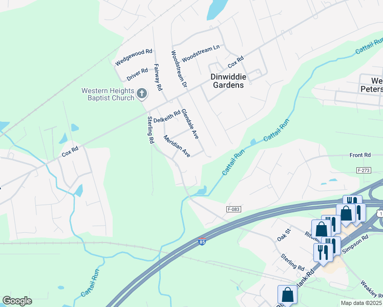 map of restaurants, bars, coffee shops, grocery stores, and more near 5109 Meridian Avenue in Petersburg