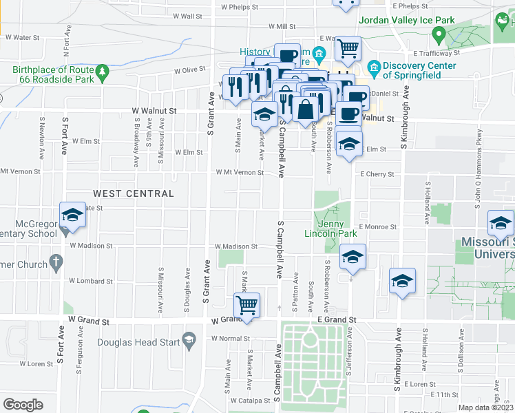 map of restaurants, bars, coffee shops, grocery stores, and more near 505 West State Street in Springfield