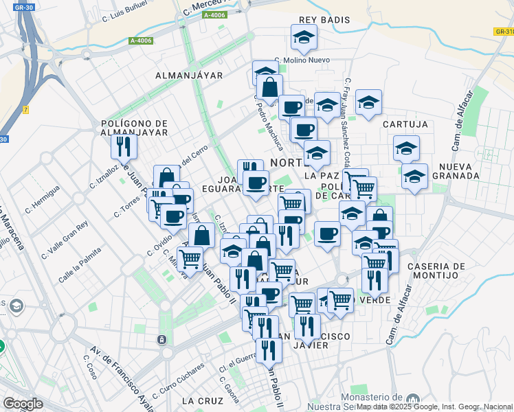 map of restaurants, bars, coffee shops, grocery stores, and more near 10 Calle Padre Claret in Granada