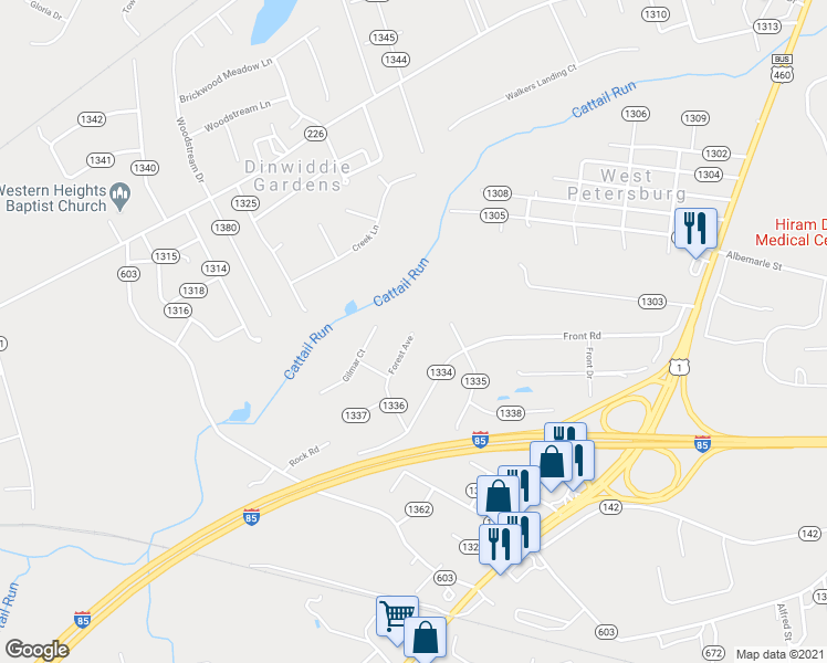 map of restaurants, bars, coffee shops, grocery stores, and more near 25123 Forest Avenue in Petersburg