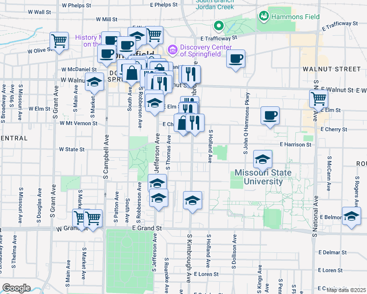 map of restaurants, bars, coffee shops, grocery stores, and more near 520 East Harrison Street in Springfield