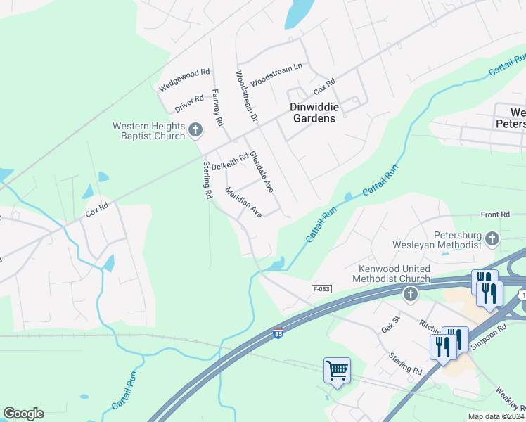 map of restaurants, bars, coffee shops, grocery stores, and more near 5109 Meridian Avenue in Petersburg