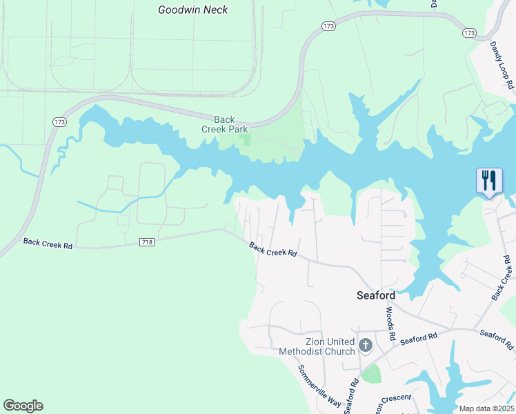 map of restaurants, bars, coffee shops, grocery stores, and more near 903 Back Creek Road in Seaford