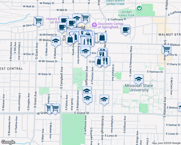 map of restaurants, bars, coffee shops, grocery stores, and more near 412 East Harrison Street in Springfield