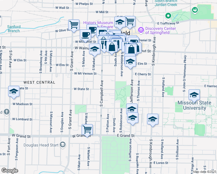 map of restaurants, bars, coffee shops, grocery stores, and more near in Springfield