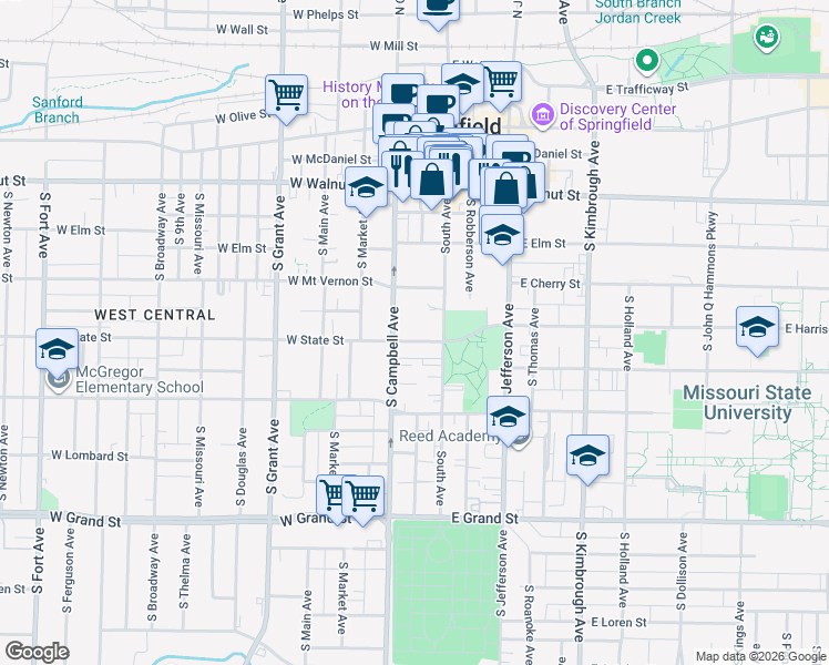map of restaurants, bars, coffee shops, grocery stores, and more near in Springfield