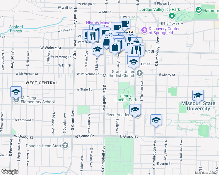 map of restaurants, bars, coffee shops, grocery stores, and more near in Springfield