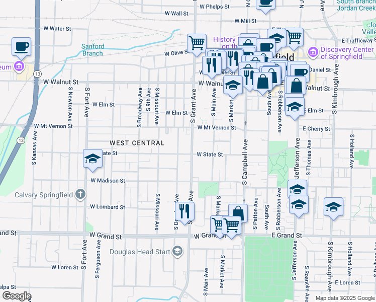 map of restaurants, bars, coffee shops, grocery stores, and more near 636 South Douglas Avenue in Springfield
