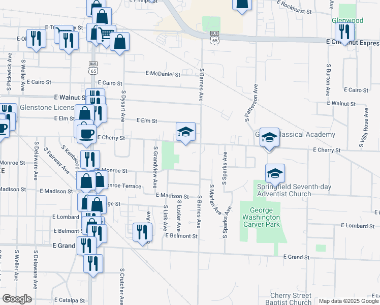 map of restaurants, bars, coffee shops, grocery stores, and more near 2126 East Cherry Street in Springfield