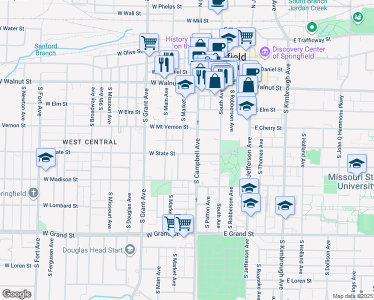 map of restaurants, bars, coffee shops, grocery stores, and more near 421 West State Street in Springfield