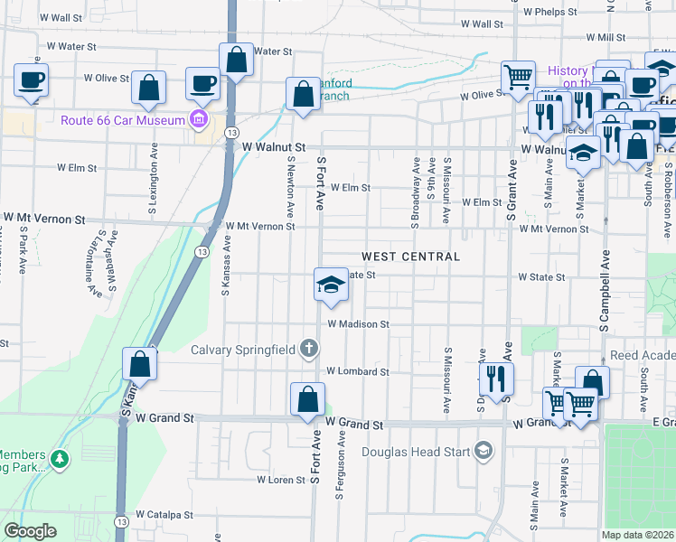 map of restaurants, bars, coffee shops, grocery stores, and more near 1216 West Harrison Street in Springfield
