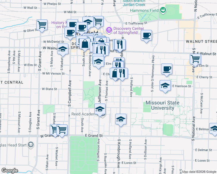 map of restaurants, bars, coffee shops, grocery stores, and more near 432 East Harrison Street in Springfield