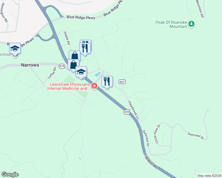 map of restaurants, bars, coffee shops, grocery stores, and more near 5294 Clearbrook Lane in Roanoke