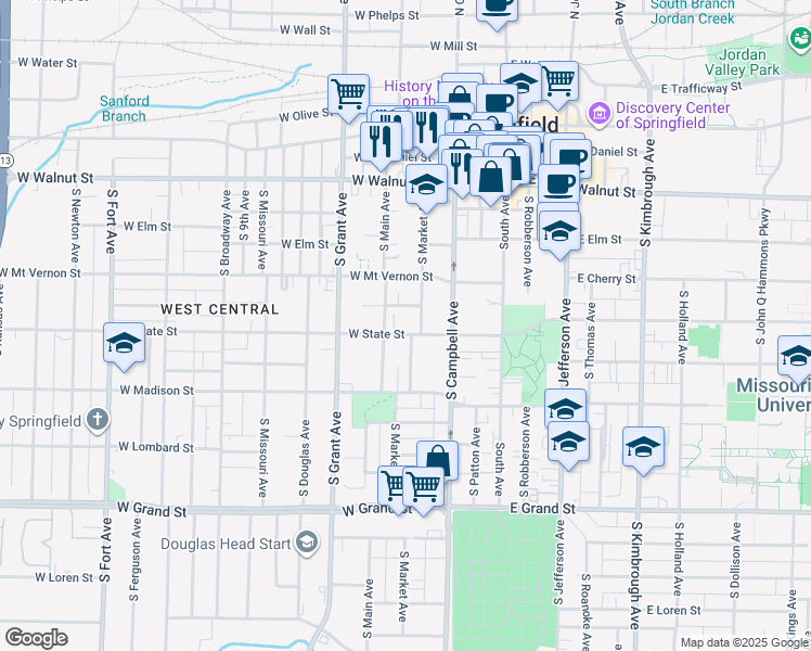 map of restaurants, bars, coffee shops, grocery stores, and more near 642 South Main Avenue in Springfield