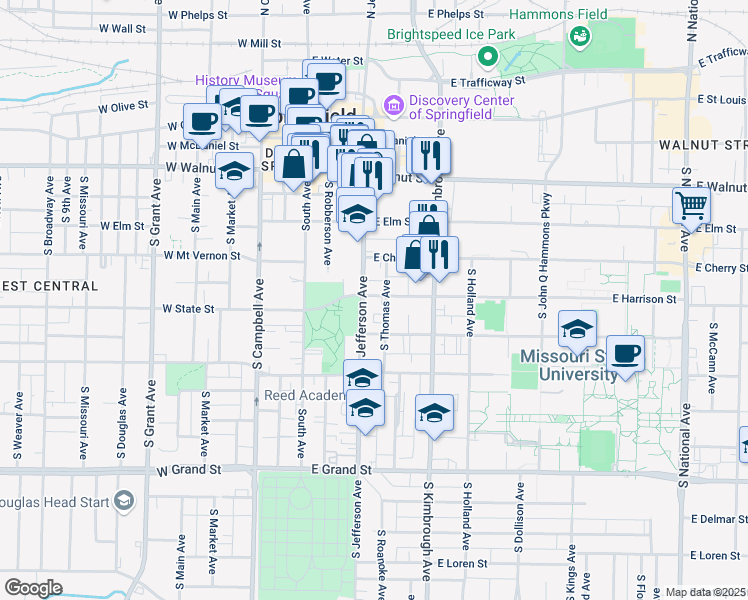map of restaurants, bars, coffee shops, grocery stores, and more near 412 East Harrison Street in Springfield