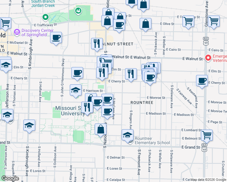 map of restaurants, bars, coffee shops, grocery stores, and more near 1226 East Cherry Street in Springfield