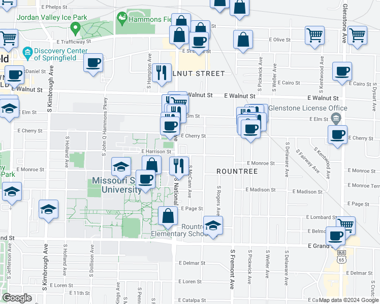 map of restaurants, bars, coffee shops, grocery stores, and more near 1227 East Harrison Street in Springfield