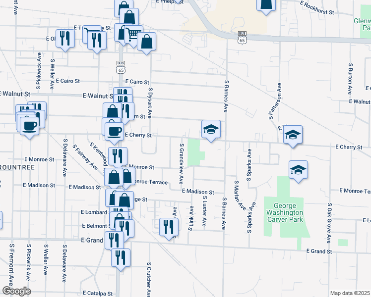 map of restaurants, bars, coffee shops, grocery stores, and more near 614 S Grandview Ave in Springfield