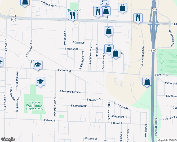 map of restaurants, bars, coffee shops, grocery stores, and more near 2811 East Cherry Street in Springfield