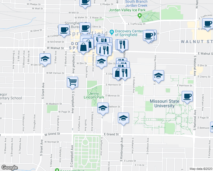 map of restaurants, bars, coffee shops, grocery stores, and more near 412 East Harrison Street in Springfield