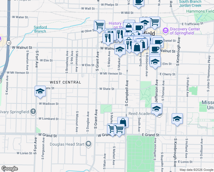 map of restaurants, bars, coffee shops, grocery stores, and more near 642 South Main Avenue in Springfield