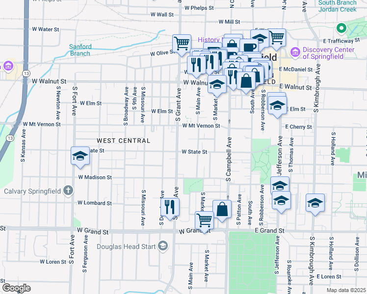 map of restaurants, bars, coffee shops, grocery stores, and more near in Springfield