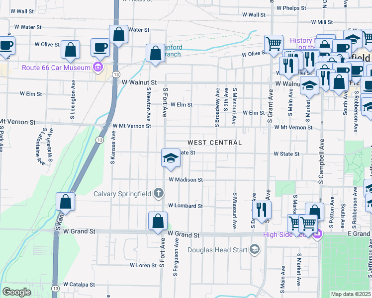 map of restaurants, bars, coffee shops, grocery stores, and more near 643 South New Avenue in Springfield