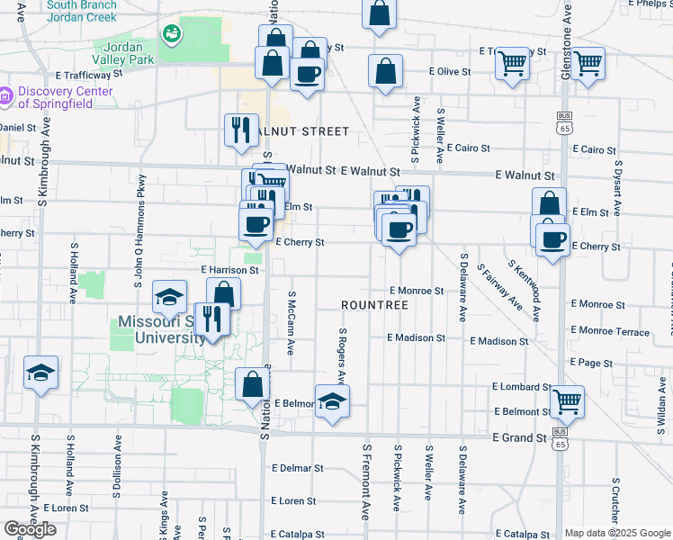 map of restaurants, bars, coffee shops, grocery stores, and more near 1321 East Harrison Street in Springfield