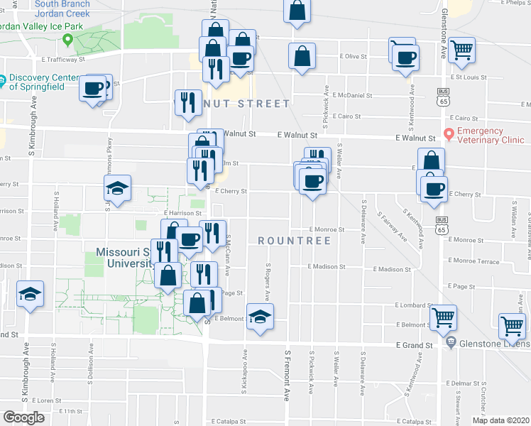 map of restaurants, bars, coffee shops, grocery stores, and more near 1325 East Harrison Street in Springfield