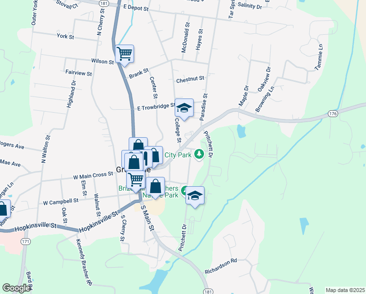 map of restaurants, bars, coffee shops, grocery stores, and more near 201 East Main Cross Street in Greenville