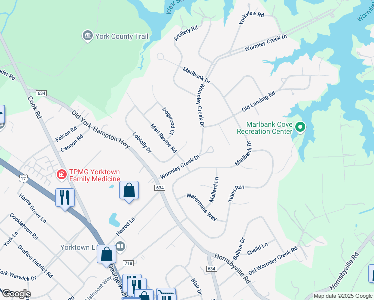 map of restaurants, bars, coffee shops, grocery stores, and more near 103 Loblolly Court in Yorktown