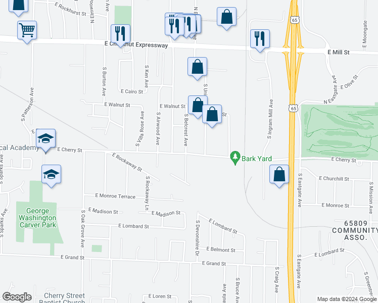 map of restaurants, bars, coffee shops, grocery stores, and more near 558 South Belcrest Avenue in Springfield