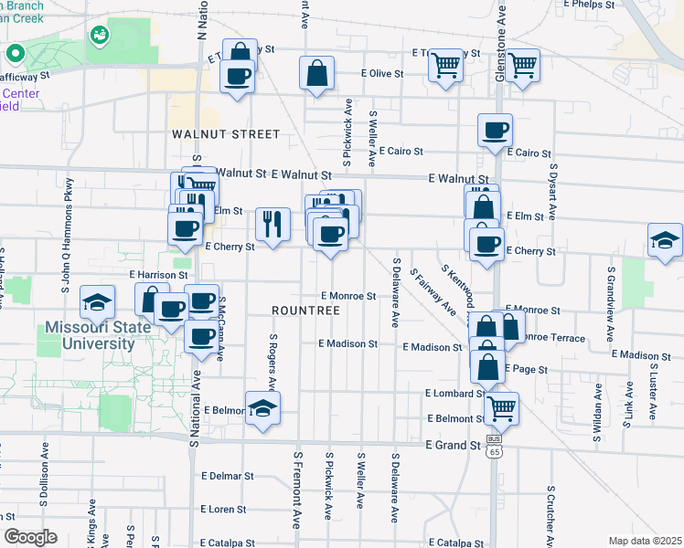 map of restaurants, bars, coffee shops, grocery stores, and more near 623 South Pickwick Avenue in Springfield
