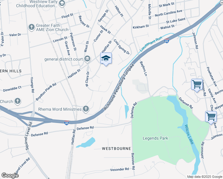 map of restaurants, bars, coffee shops, grocery stores, and more near 1742 West Clara Drive in Petersburg