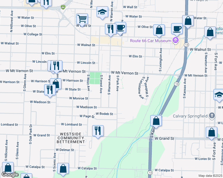 map of restaurants, bars, coffee shops, grocery stores, and more near 657 South Park Avenue in Springfield