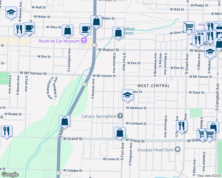map of restaurants, bars, coffee shops, grocery stores, and more near 628 South Nettleton Avenue in Springfield