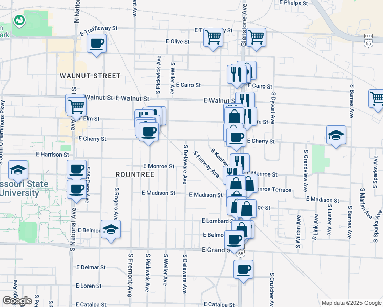 map of restaurants, bars, coffee shops, grocery stores, and more near 629 South Fairway Avenue in Springfield