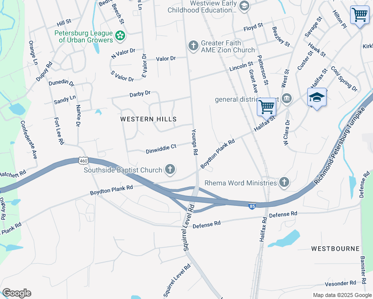 map of restaurants, bars, coffee shops, grocery stores, and more near 1522 Dinwiddie Court in Petersburg