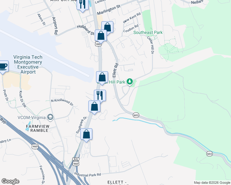 map of restaurants, bars, coffee shops, grocery stores, and more near 610 Virginia 603 in Blacksburg