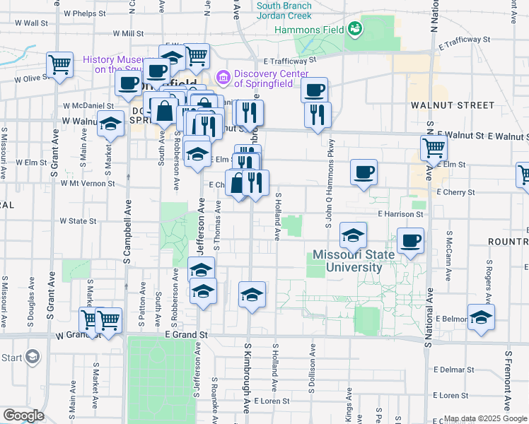 map of restaurants, bars, coffee shops, grocery stores, and more near in Springfield