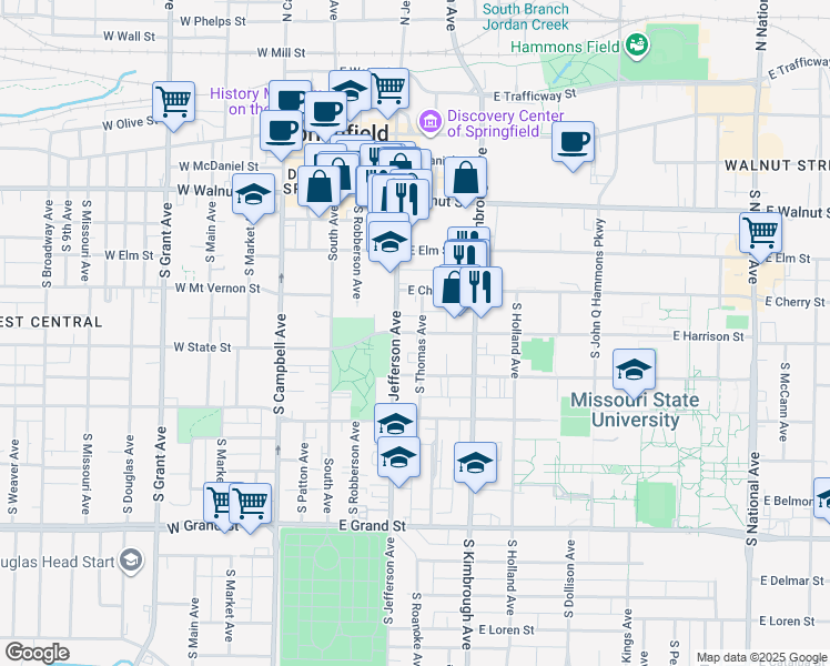 map of restaurants, bars, coffee shops, grocery stores, and more near 412 East Harrison Street in Springfield