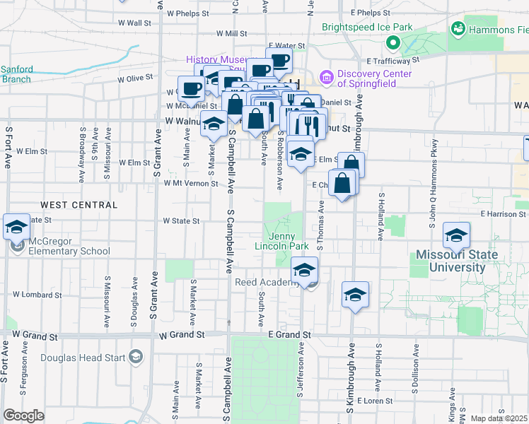 map of restaurants, bars, coffee shops, grocery stores, and more near 635 South Avenue in Springfield
