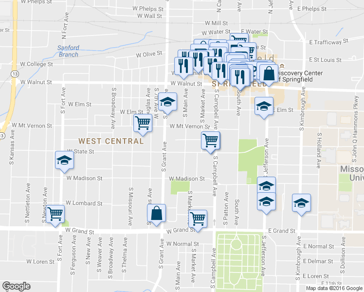 map of restaurants, bars, coffee shops, grocery stores, and more near 642 South Main Avenue in Springfield