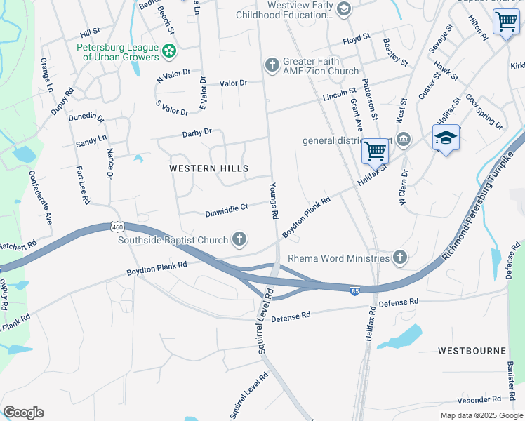 map of restaurants, bars, coffee shops, grocery stores, and more near 1522 Dinwiddie Court in Petersburg