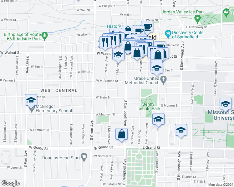 map of restaurants, bars, coffee shops, grocery stores, and more near South Market Avenue in Springfield