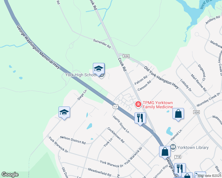 map of restaurants, bars, coffee shops, grocery stores, and more near 9300 George Washington Memorial Highway in Yorktown