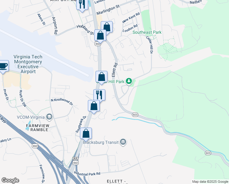 map of restaurants, bars, coffee shops, grocery stores, and more near 610 Virginia 603 in Blacksburg