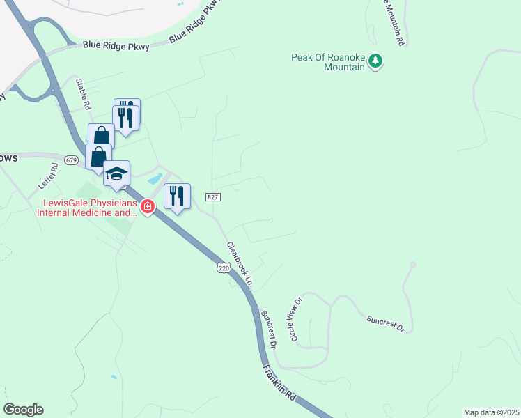 map of restaurants, bars, coffee shops, grocery stores, and more near 5432 Clearbrook Ln in Roanoke