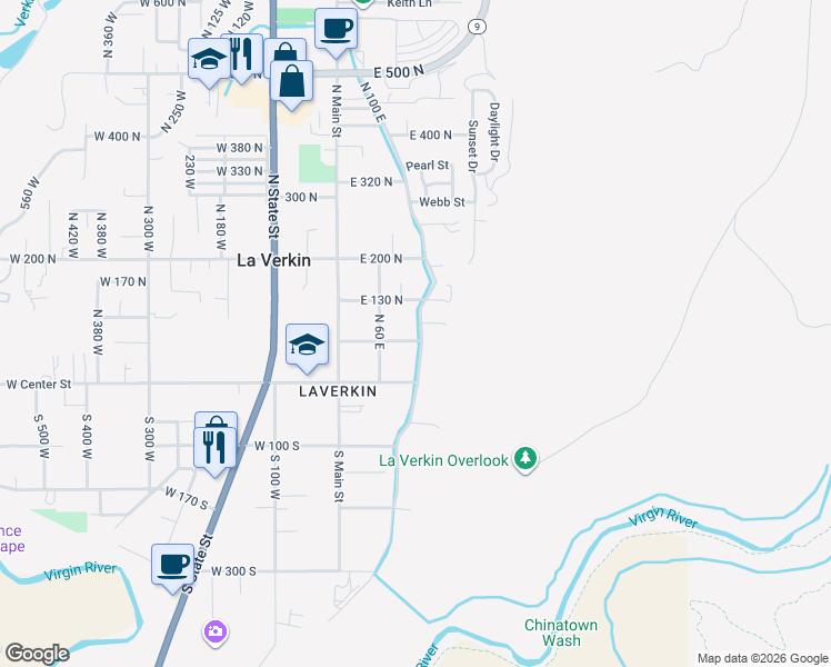 map of restaurants, bars, coffee shops, grocery stores, and more near 70 North 100 East in La Verkin
