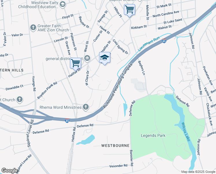 map of restaurants, bars, coffee shops, grocery stores, and more near 1741 West Clara Drive in Petersburg